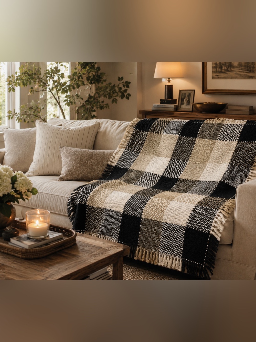Cozy Checkered Woven Throw Blanket - Black & Cream